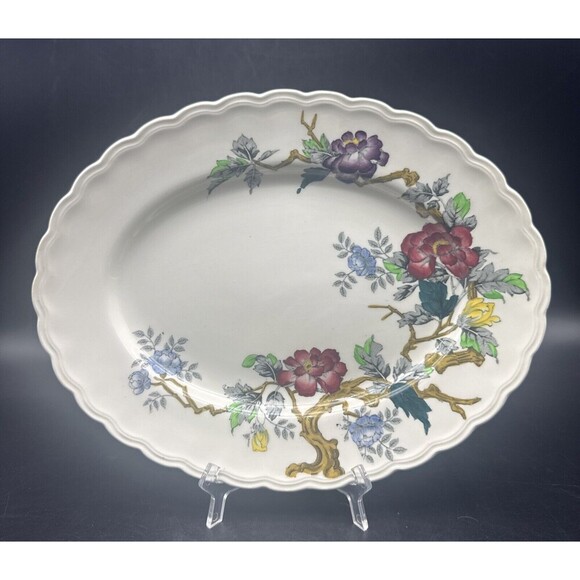 VTG Wood & Sons ASHBOURNE Floral Oval Serving Platter Scalloped Edge England 12” - Picture 1 of 8